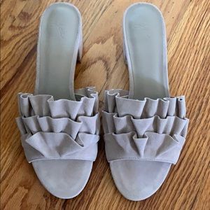 Tan suede ruffle sandals